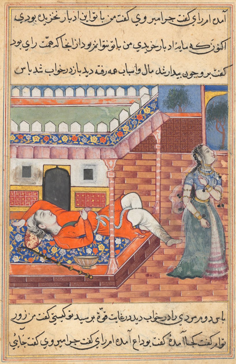 Sida från Tales of a Parrot Tuti-nama: Trettiosjätte natten: Kungen drömmer om en dam..., ca. 1560. av Unbekannt