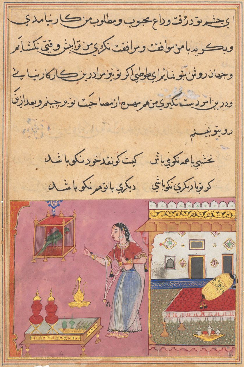 Sida från Tales of a Parrot Tuti-nama: Tjugonde natten: Papegojan tilltalar..., ca. 1560. av Unbekannt