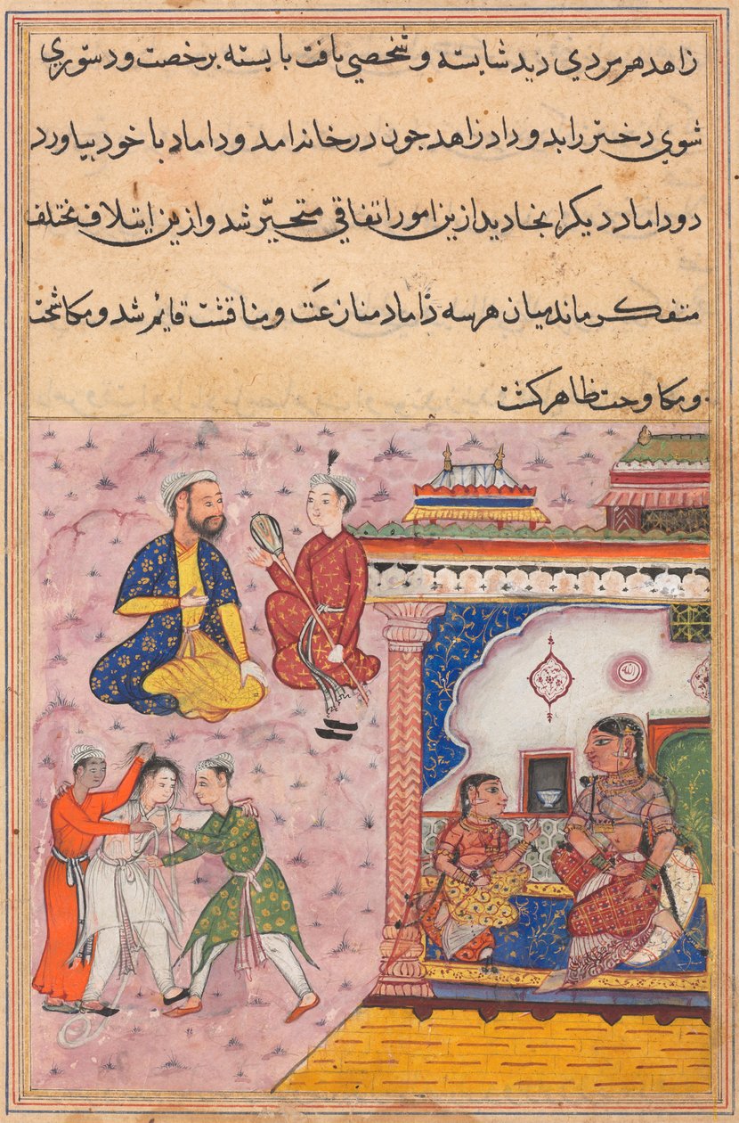 Sida från Tales of a Parrot Tuti-nama: Tjugonde natten: Tre friare slåss..., ca. 1560. av Unbekannt