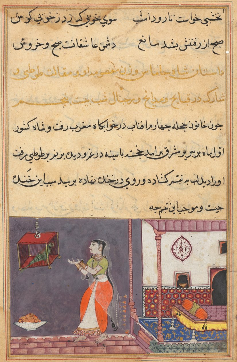 Sida från Tales of a Parrot Tuti-nama: Tjugofemte natten: Papegojan tilltalar Khujasta..., c1560 av Unbekannt