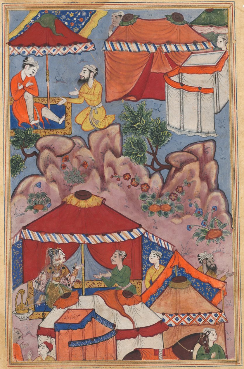 Sida från Tales of a Parrot Tuti-nama: Tjugofjärde natten: Bashir anförtror sin kärlek, ca. 1560. av Unbekannt