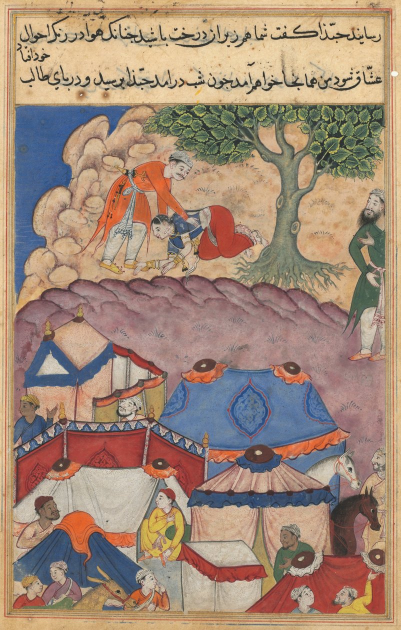 Sida från Tales of a Parrot Tuti-nama: Tjugofjärde natten: Habbaza möter Bashir, ca. 1560. av Unbekannt