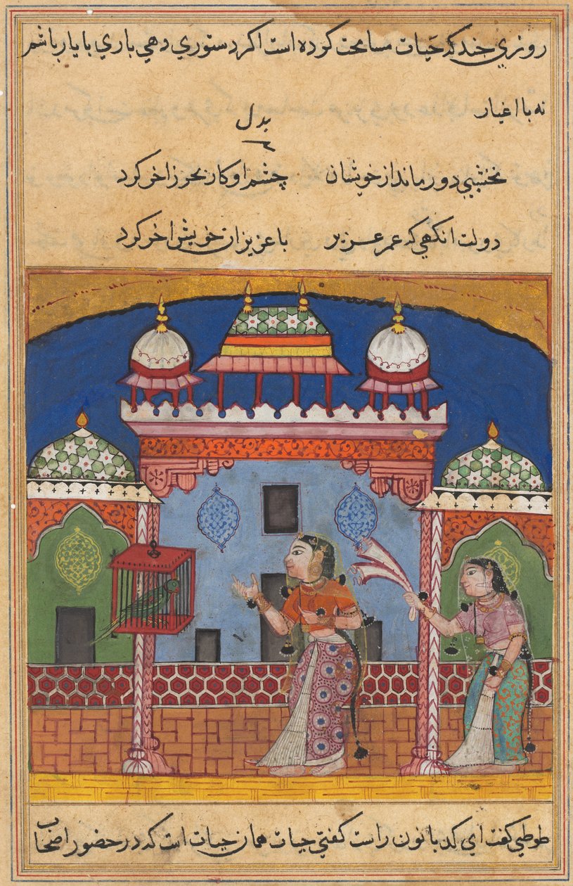 Sida från Tales of a Parrot Tuti-nama: Tjugoandra natten: Papegojan tilltalar..., ca. 1560. av Unbekannt