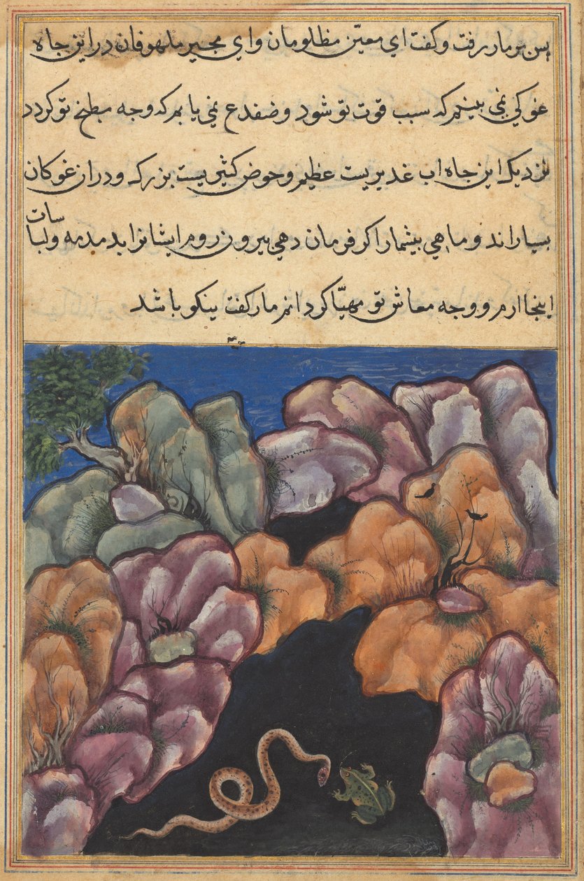 Sida från Tales of a Parrot Tuti-nama: Tjugosjätte natten: Ormen kommer in..., ca. 1560. av Unbekannt