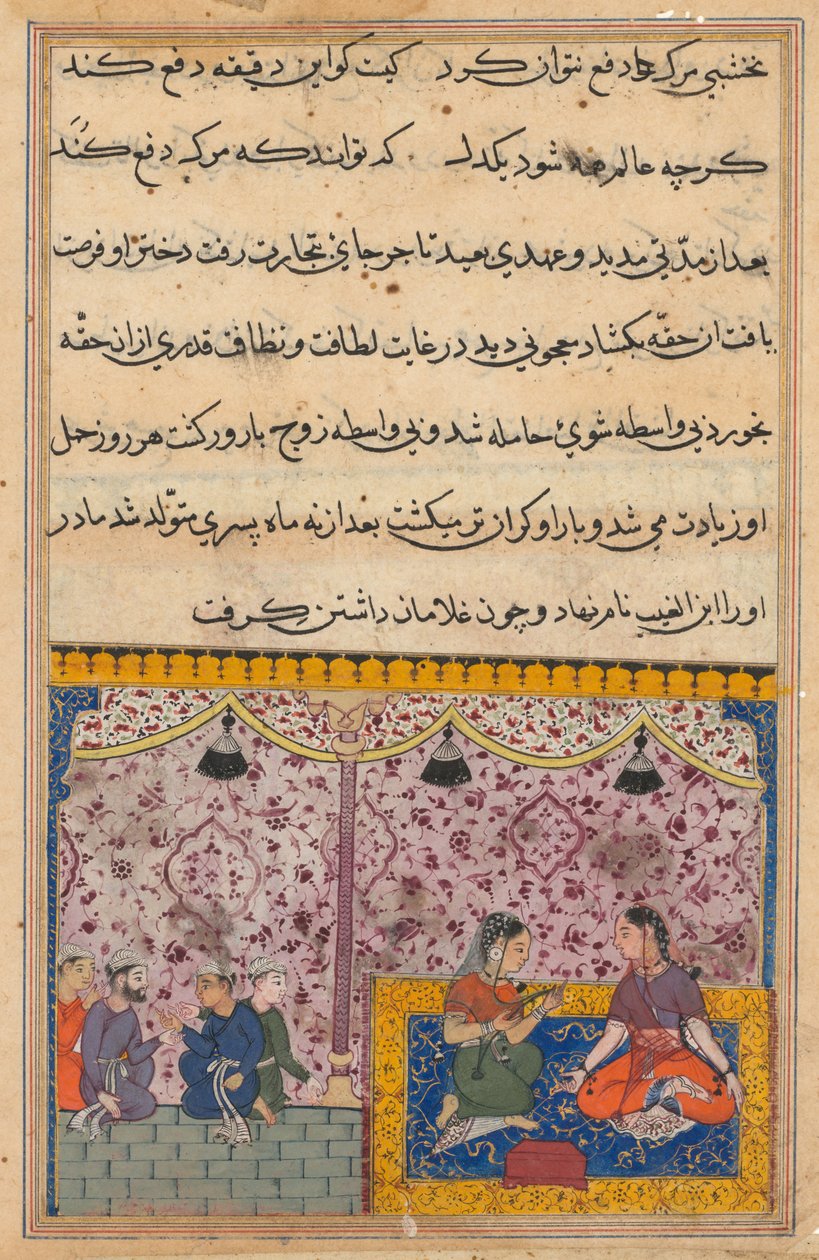 Sida från Tales of a Parrot Tuti-nama: Tjugotredje natten: Köpmannens dotter..., ca. 1560. av Unbekannt