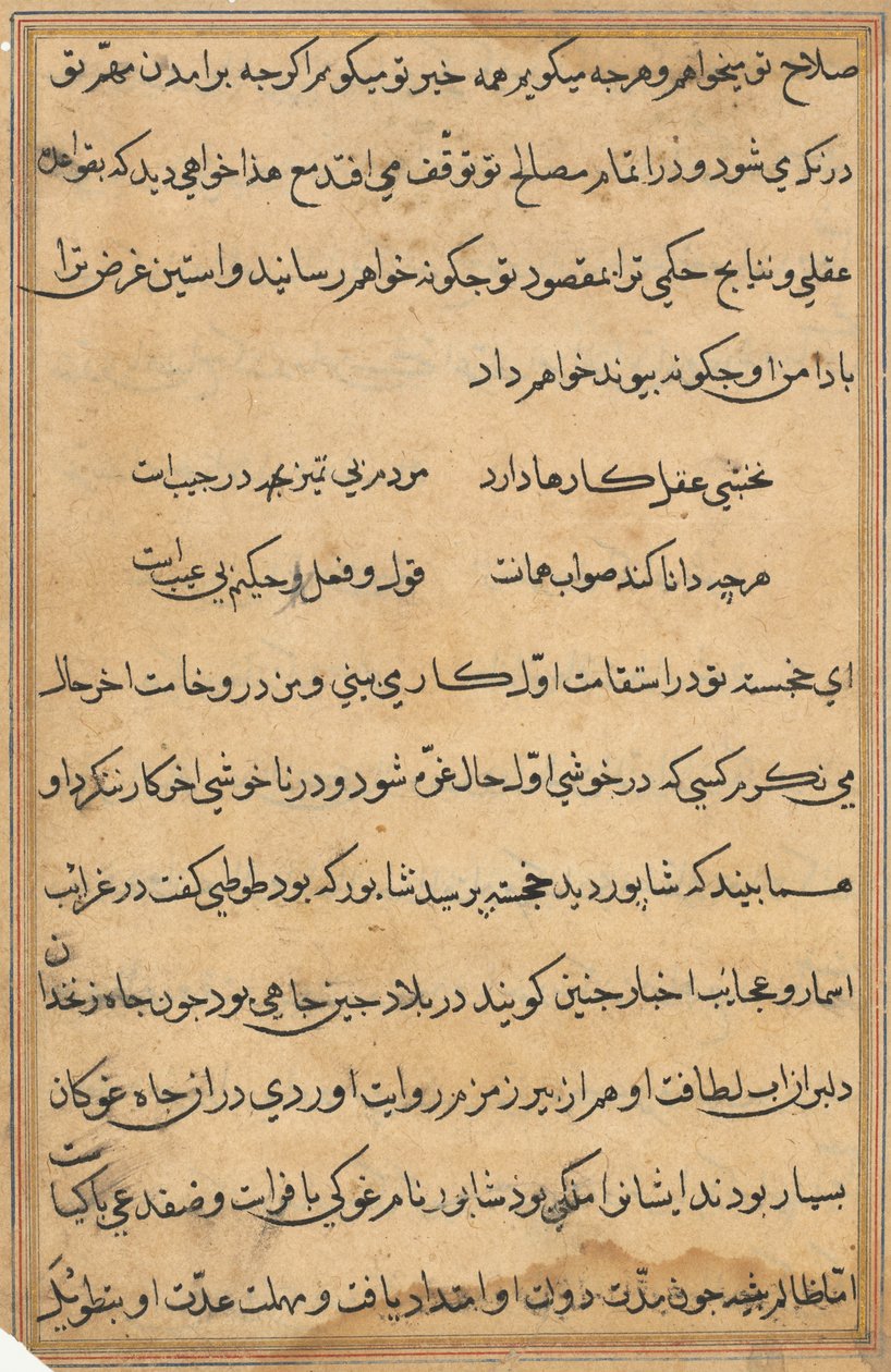 Sida från Tales of a Parrot Tuti-nama: textsida, ca. 1560. av Unbekannt