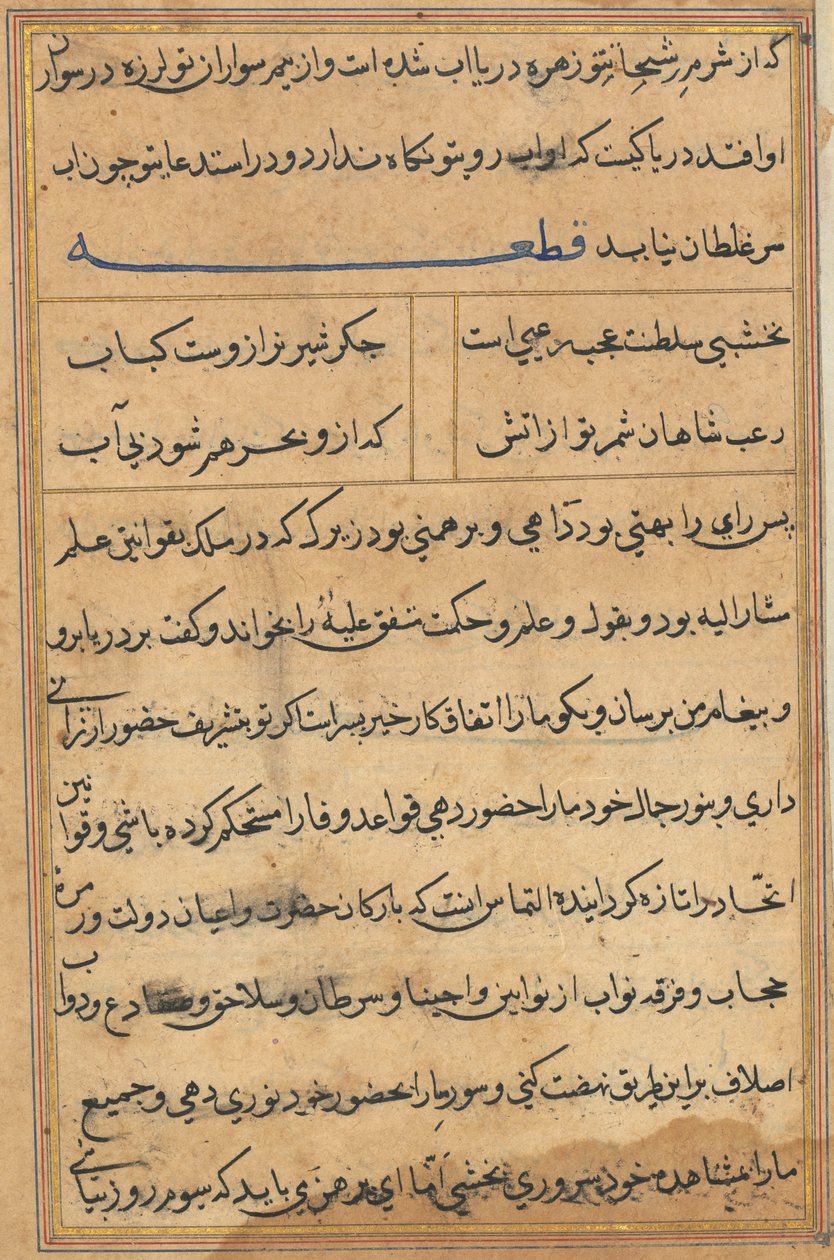 Sida från Tales of a Parrot Tuti-nama: textsida, ca. 1560. av Unbekannt