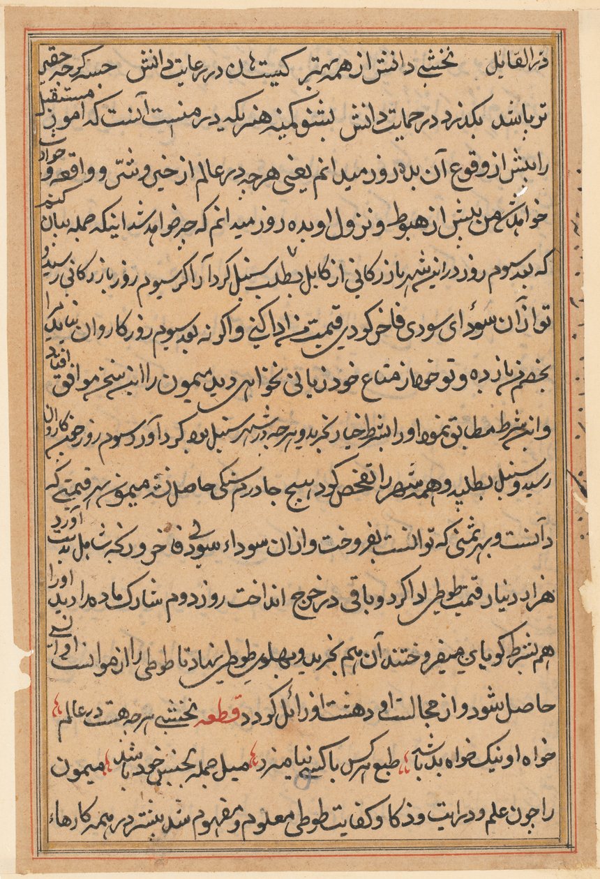Sida från Tales of a Parrot Tuti-nama: textsida, ca. 1560. av Unbekannt