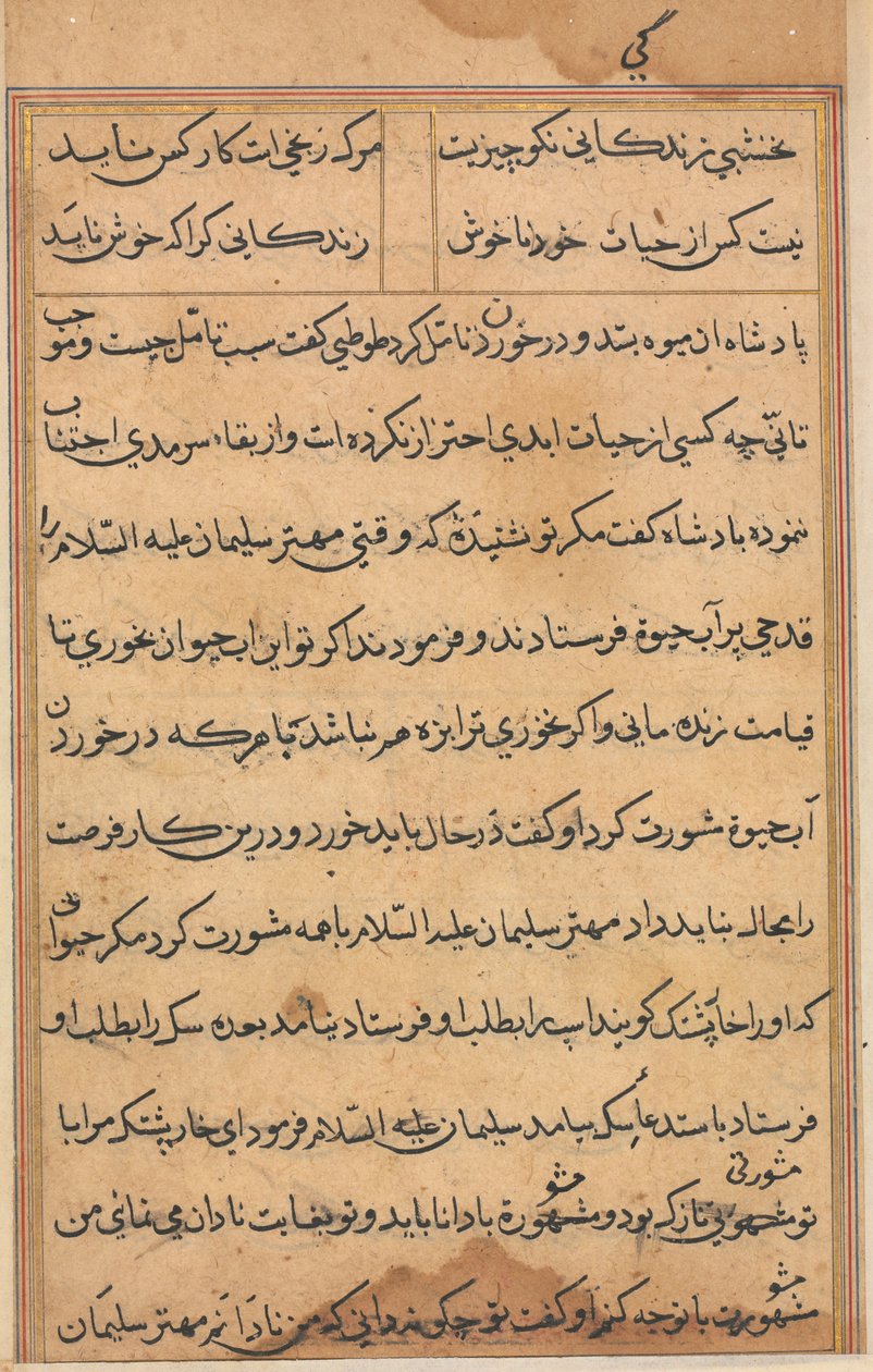 Sida från Tales of a Parrot Tuti-nama: textsida, ca. 1560. av Unbekannt