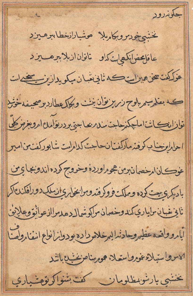 Sida från Tales of a Parrot Tuti-nama: textsida, ca. 1560. av Unbekannt