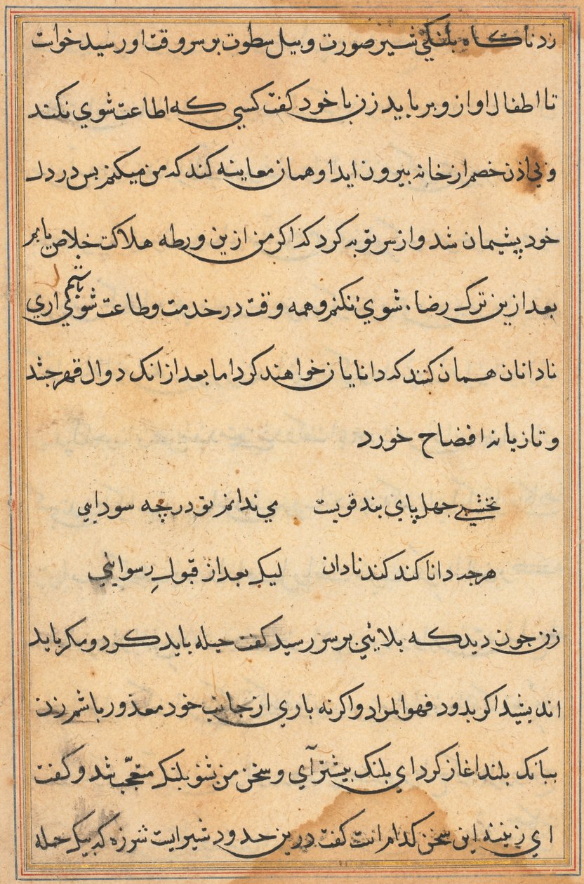Sida från Tales of a Parrot Tuti-nama: textsida, ca. 1560. av Unbekannt