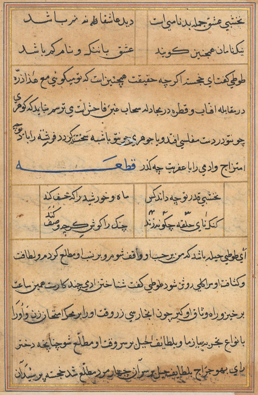 Sida från Tales of a Parrot Tuti-nama: textsida, ca. 1560. av Unbekannt