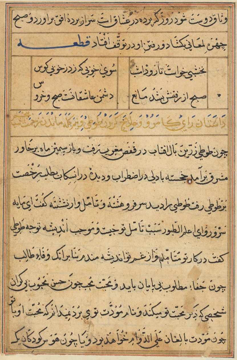 Sida från Tales of a Parrot Tuti-nama: textsida, ca. 1560. av Unbekannt
