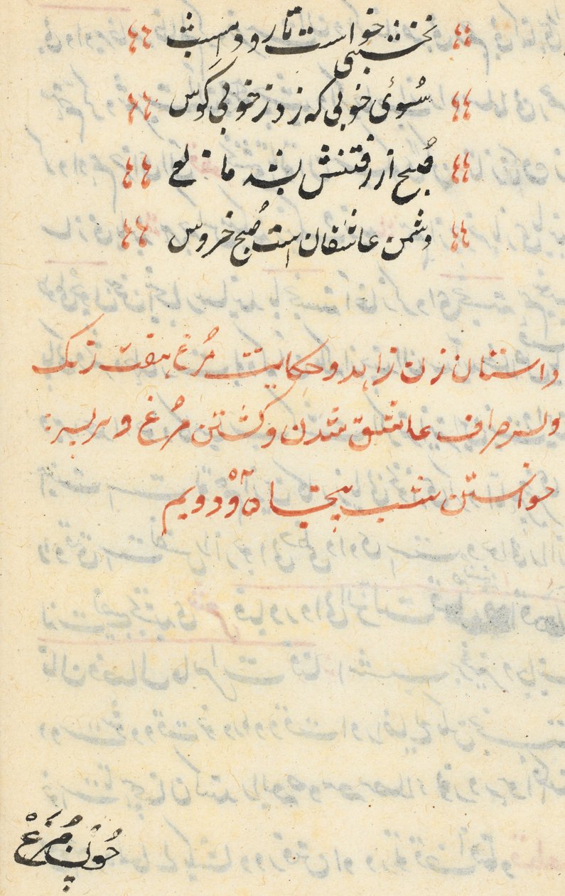 Sida från Tales of a Parrot Tuti-nama: textsida, ca. 1560. av Unbekannt