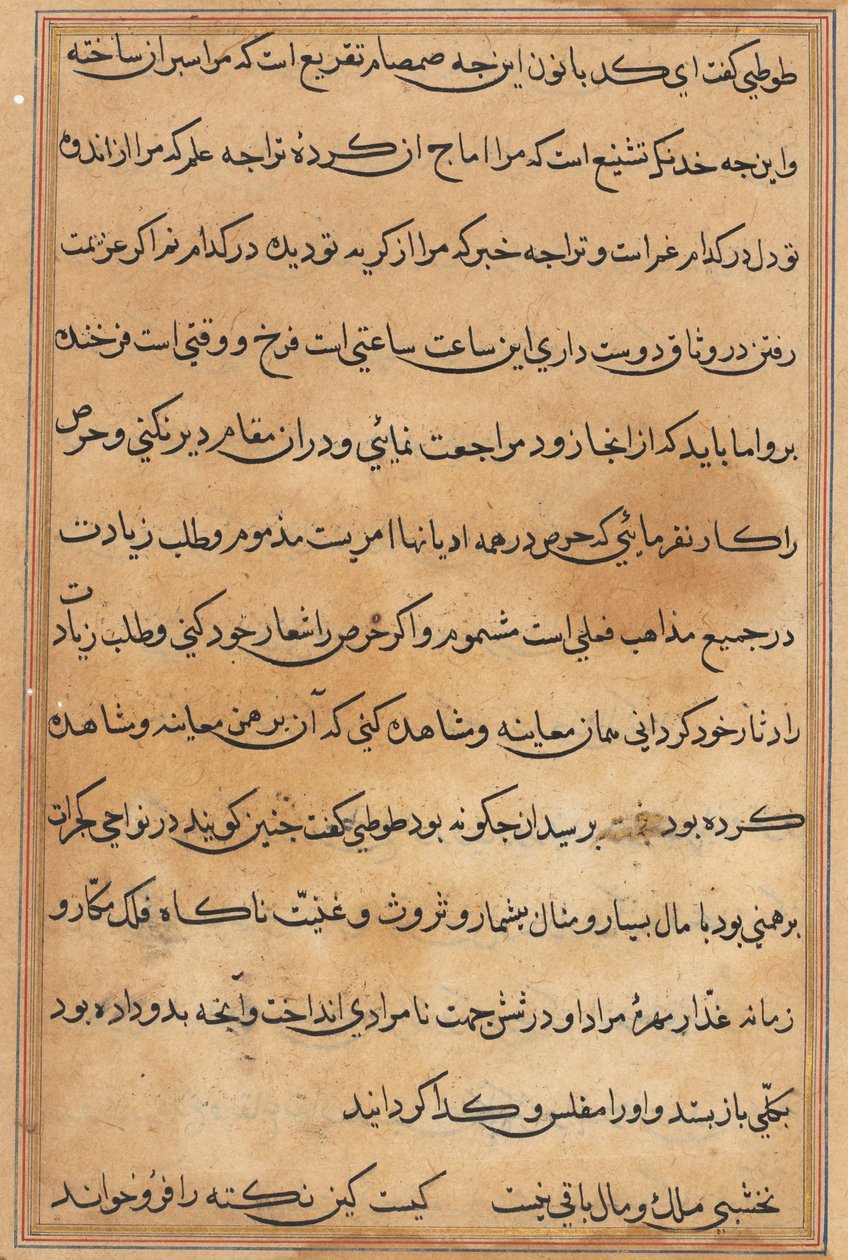 Sida från Tales of a Parrot Tuti-nama: textsida, ca. 1560. av Unbekannt