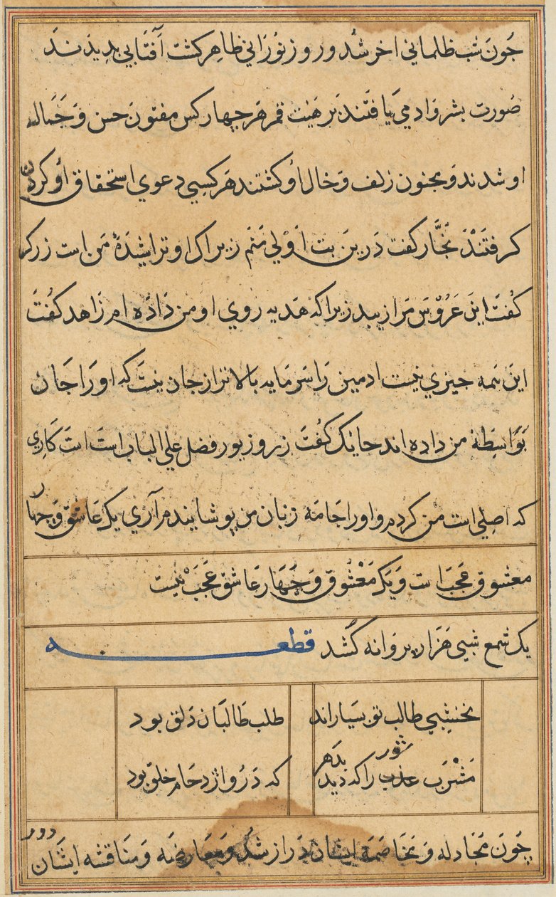 Sida från Tales of a Parrot Tuti-nama: textsida, ca. 1560. av Unbekannt
