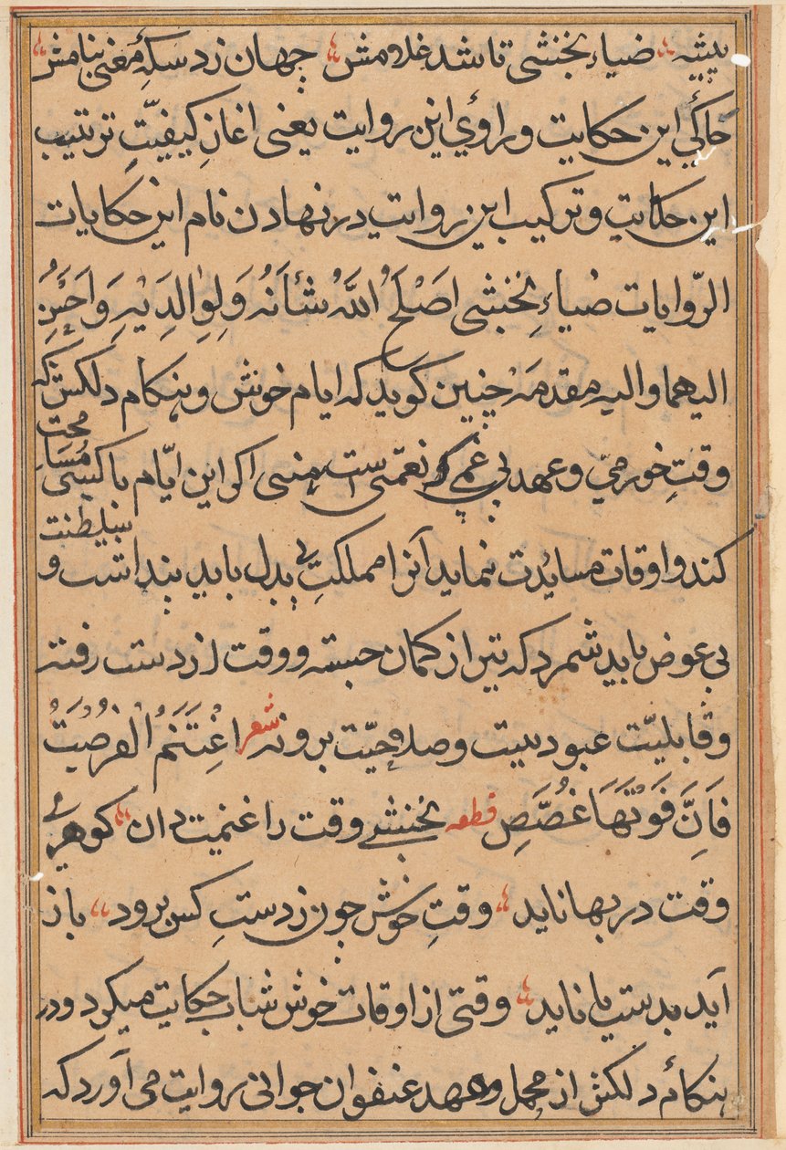 Sida från Tales of a Parrot Tuti-nama: textsida, ca. 1560. av Unbekannt