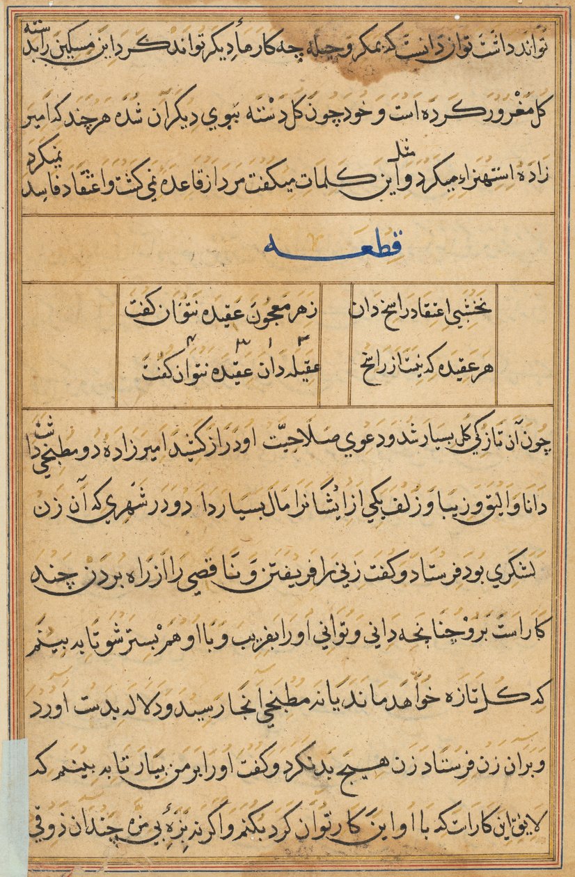 Sida från Tales of a Parrot Tuti-nama: textsida, ca. 1560. av Unbekannt