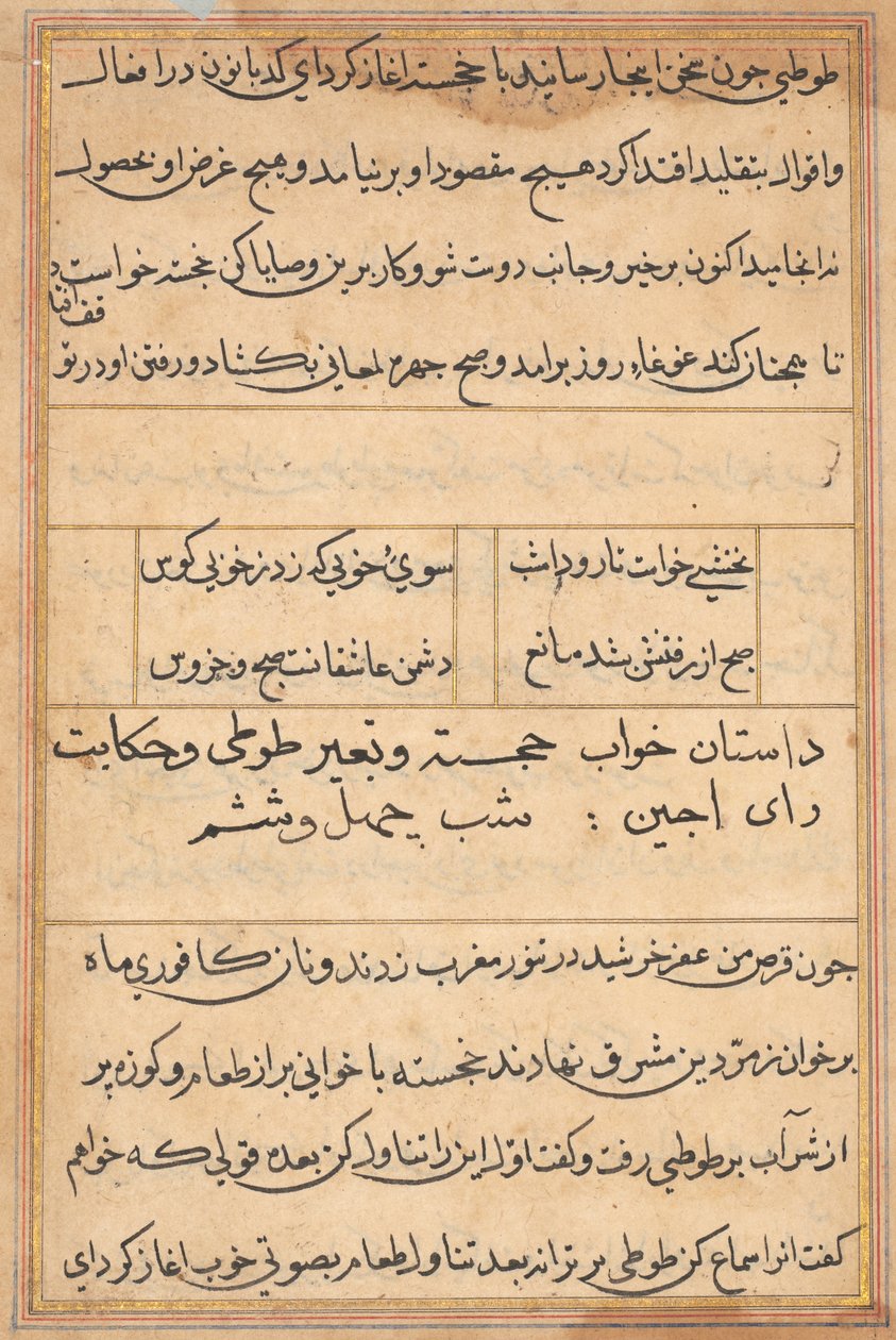 Sida från Tales of a Parrot Tuti-nama: textsida, ca. 1560. av Unbekannt