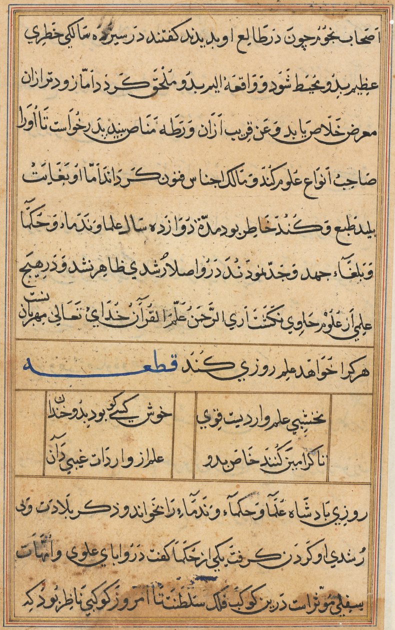 Sida från Tales of a Parrot Tuti-nama: textsida, ca. 1560. av Unbekannt