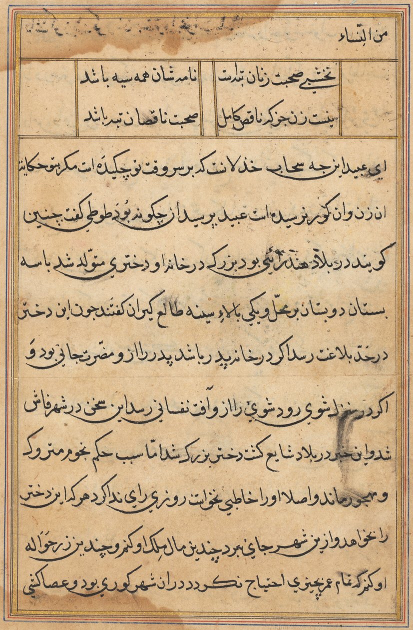 Sida från Tales of a Parrot Tuti-nama: textsida, ca. 1560. av Unbekannt