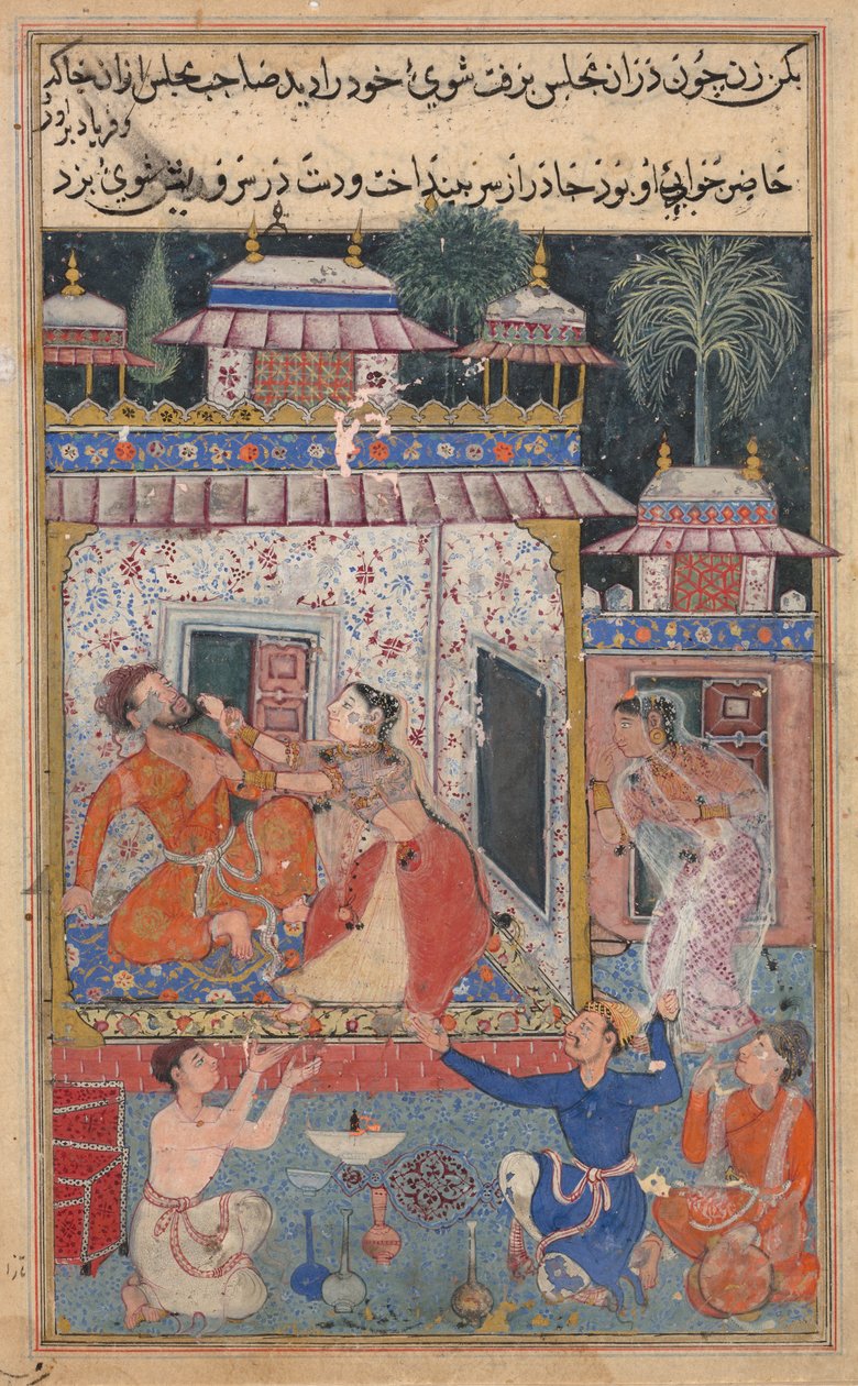 Sida från Tales of a Parrot Tuti-nama: textsida, ca. 1560. av Unbekannt