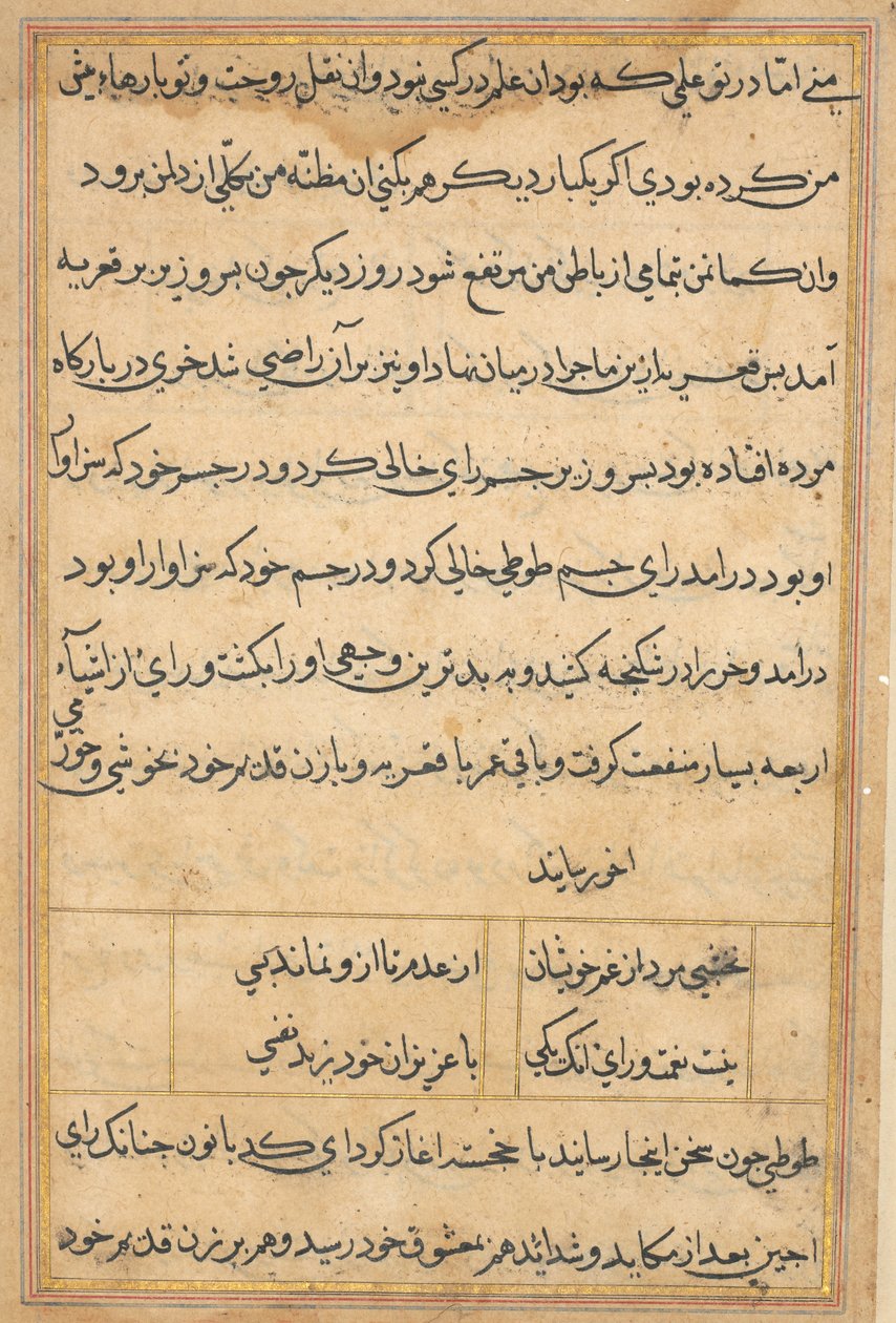 Sida från Tales of a Parrot Tuti-nama: textsida, ca. 1560. av Unbekannt