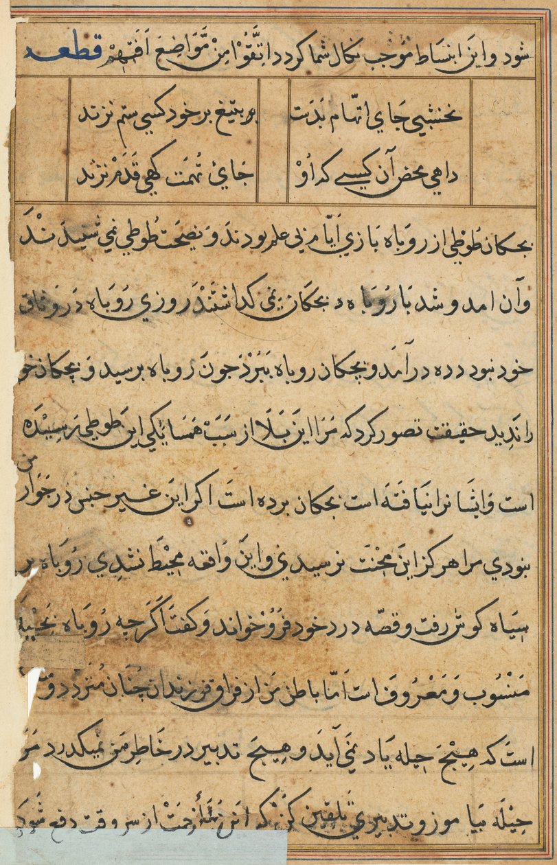 Sida från Tales of a Parrot Tuti-nama: textsida, ca. 1560. av Unbekannt