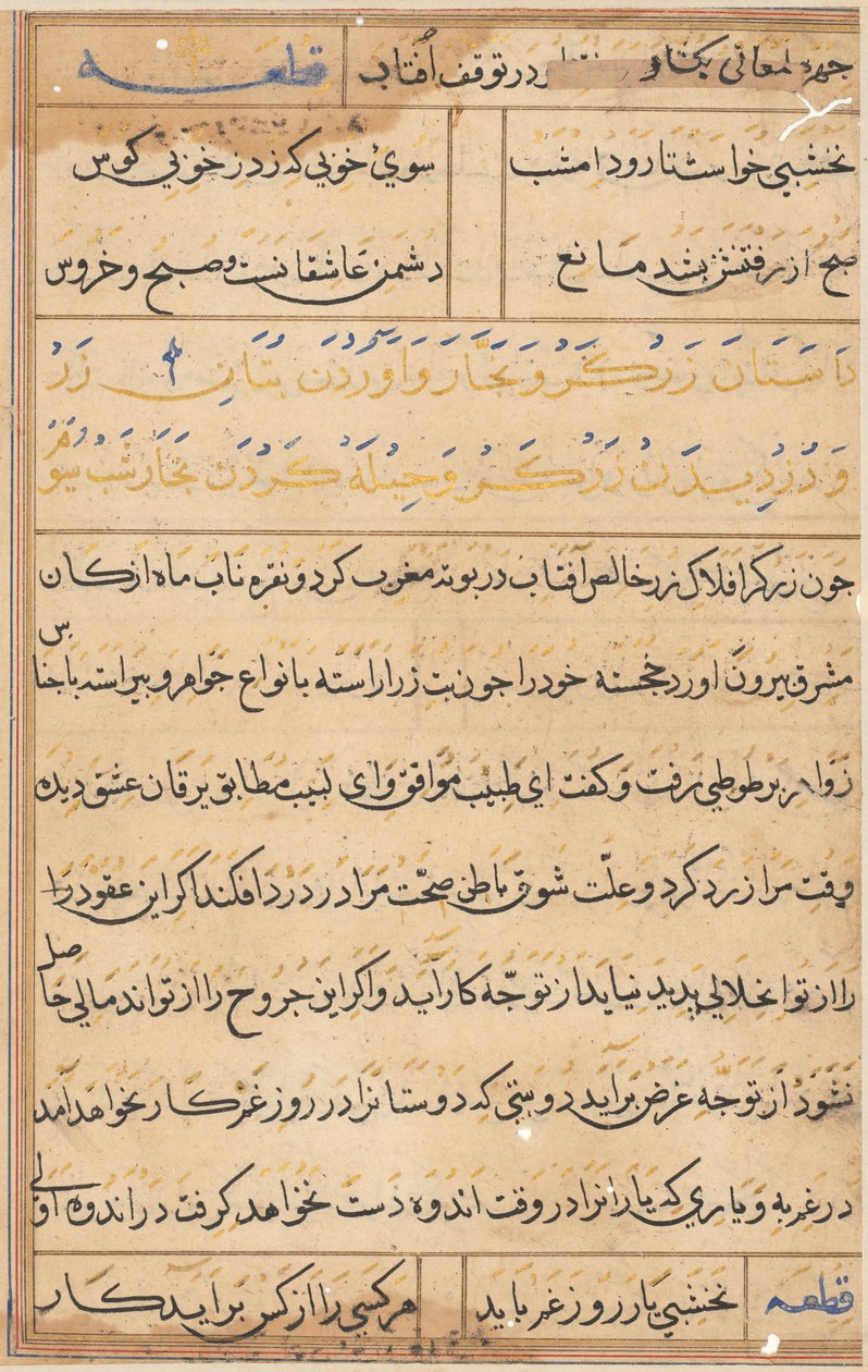 Sida från Tales of a Parrot Tuti-nama: textsida, ca. 1560. av Unbekannt