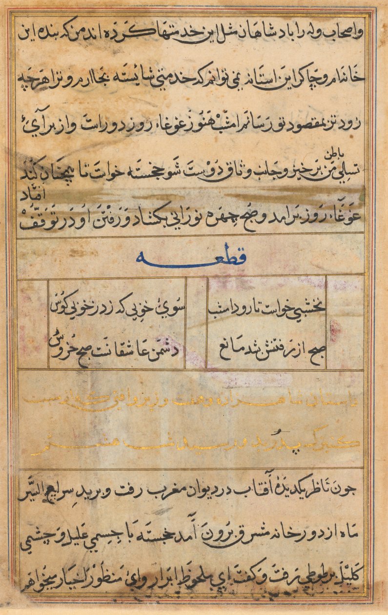 Sida från Tales of a Parrot Tuti-nama: textsida, ca. 1560. av Unbekannt