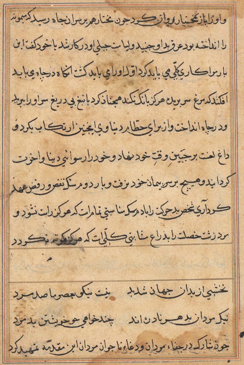 Sida från Tales of a Parrot Tuti-nama: textsida, ca. 1560. av Unbekannt