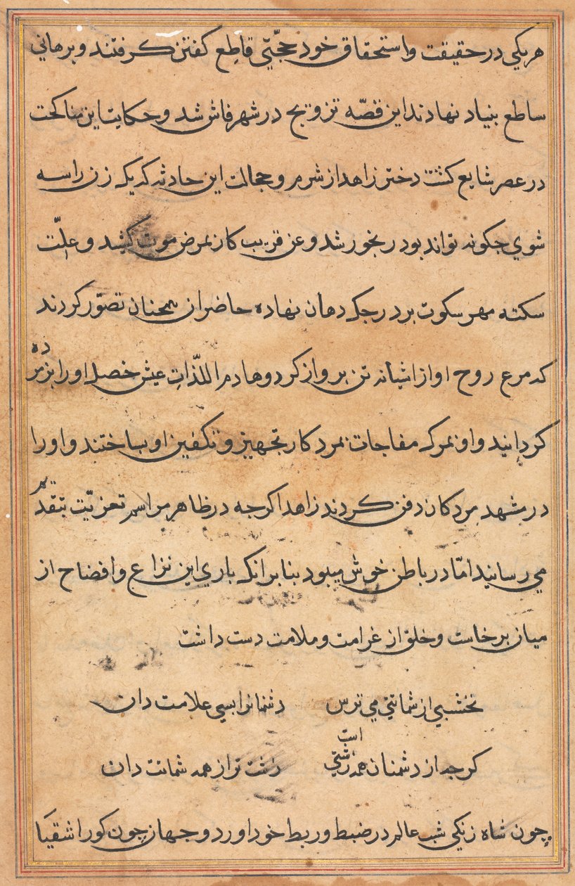 Sida från Tales of a Parrot Tuti-nama: textsida, ca. 1560. av Unbekannt