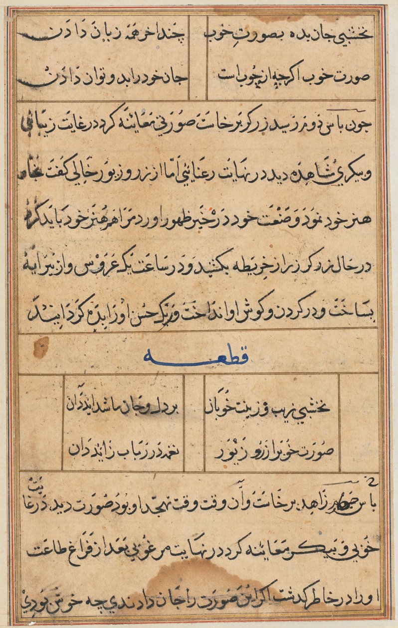 Sida från Tales of a Parrot Tuti-nama: textsida, ca. 1560. av Unbekannt
