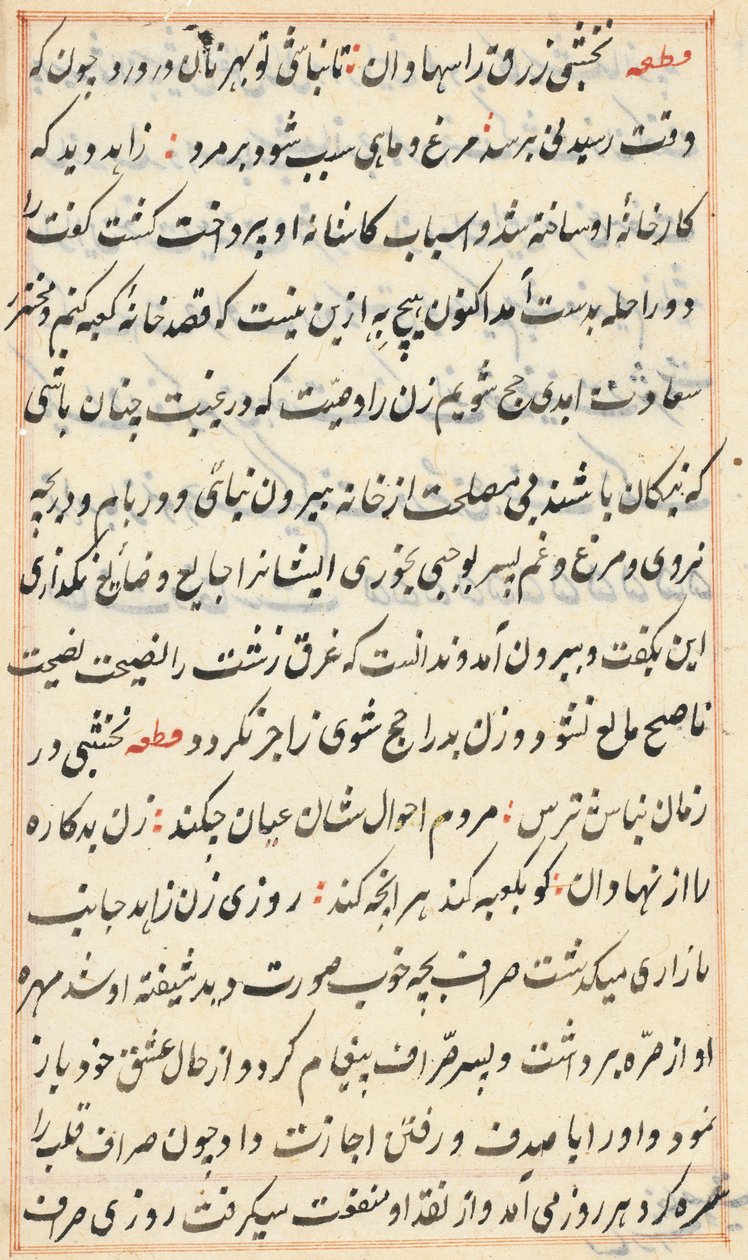 Sida från Tales of a Parrot Tuti-nama: textsida, ca. 1560. av Unbekannt