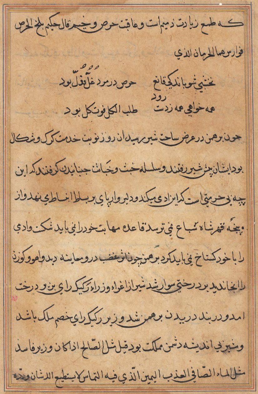 Sida från Tales of a Parrot Tuti-nama: textsida, ca. 1560. av Unbekannt