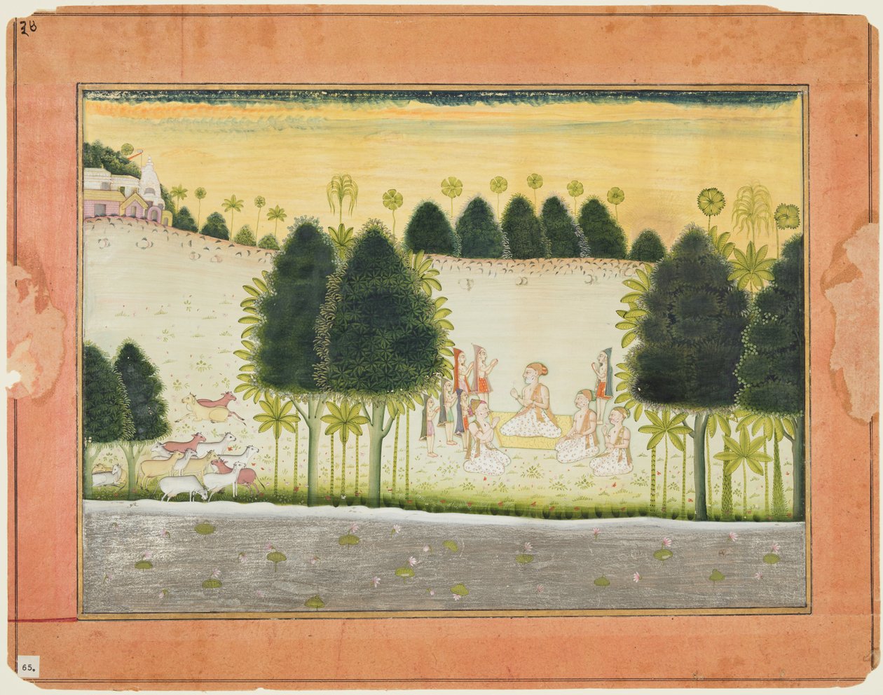 Sida från en Bhagavata Purana: Nanda och de äldste i råd med gopas, ca. 1690-1700. av Unbekannt