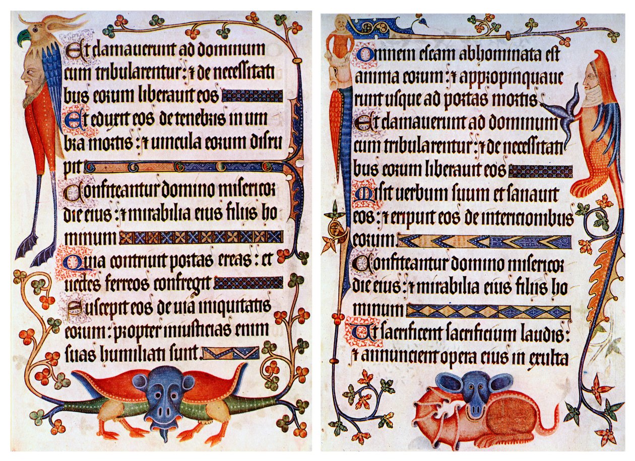 Sida med illustrerad text från Luttrell-psaltaren, c1300-c1340, c1900-1920 av Unbekannt