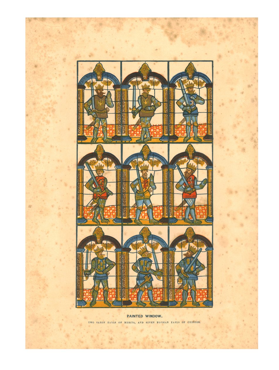 Målat fönster. Två sachsiska Earls of Mercia och Seven Norman Earls of Chester, c1845 av Unbekannt