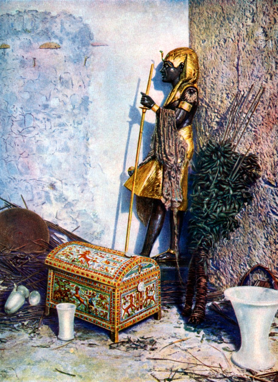 Målad klädkista, som ligger vid foten av Tutankhamens staty, Egypten, 1933-1934 av Unbekannt