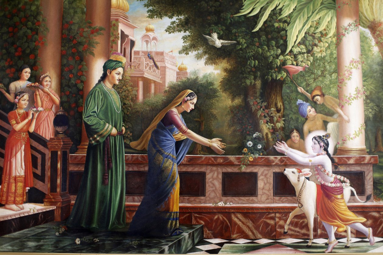 Målning på Bhaktivedanta Manor föreställande unga Krishna som springer till Moder Yasoda och Nanda Maharaj (hans fosterföräldrar) Watford Grande-Bretagne av Unbekannt