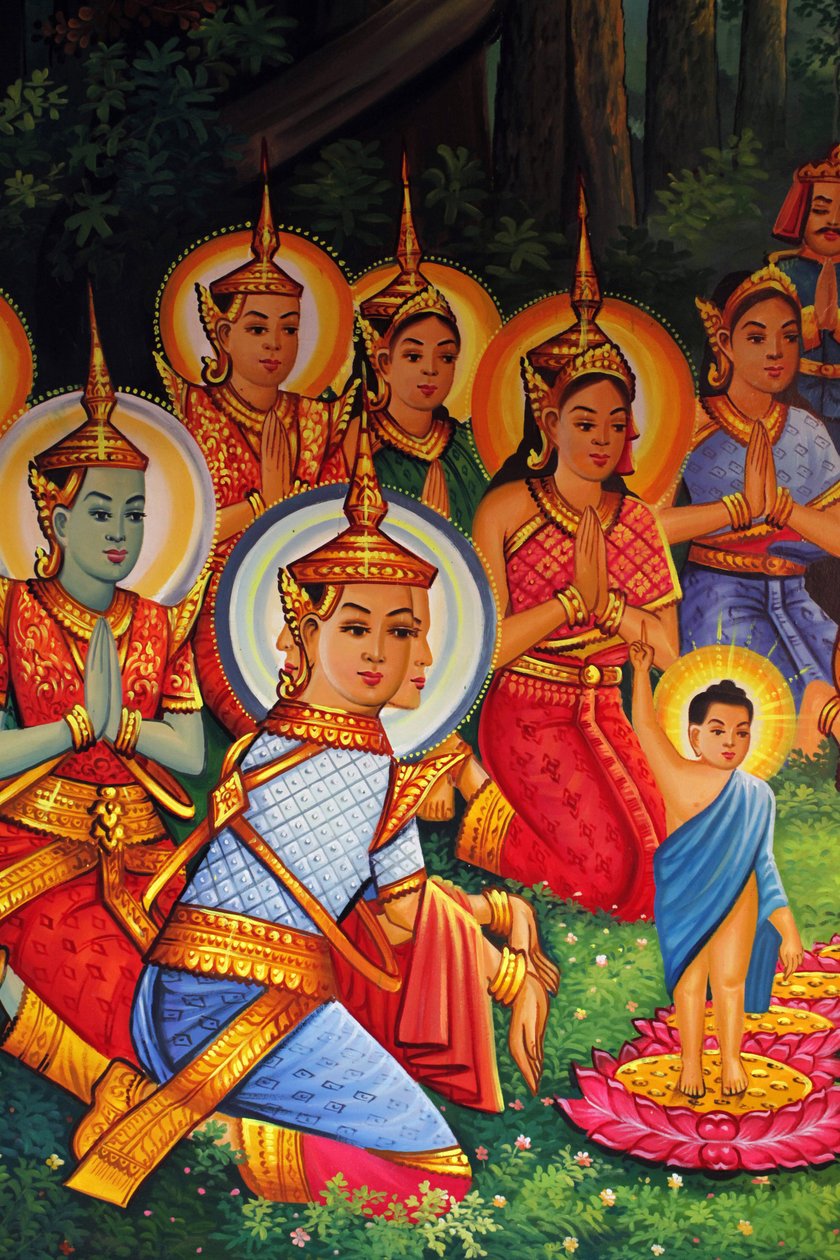 Målning som föreställer Buddhas födelsedag (Wesak) i Wat Than Phnom Penh Cambodge av Unbekannt
