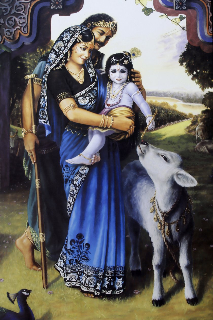 Målning som visar den hinduiska guden Krishna som en baby med sina fosterföräldrar Yashoda och Nanda. Indien av Unbekannt