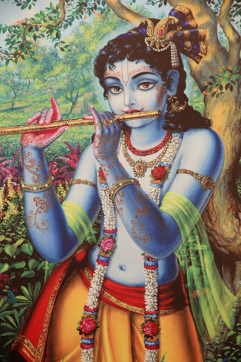 Målning som föreställer den hinduiska guden Krishna som spelar en flöjt utomhus. Indien av Unbekannt