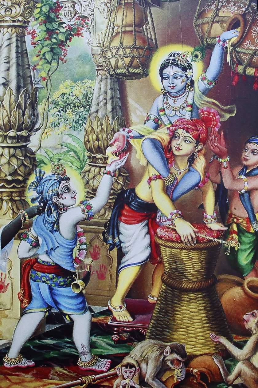 Målning som visar den hinduiska guden Krishnaas ett barn som leker med sina bröder. Indien av Unbekannt