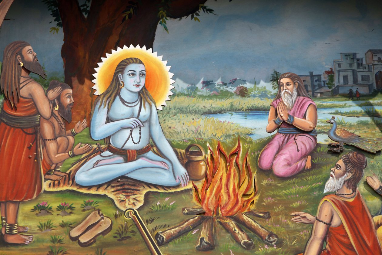 Målning som föreställer en helig man (sitter på en tigers hud som Shiva) omgiven av anhängare Haridwar Indien av Unbekannt