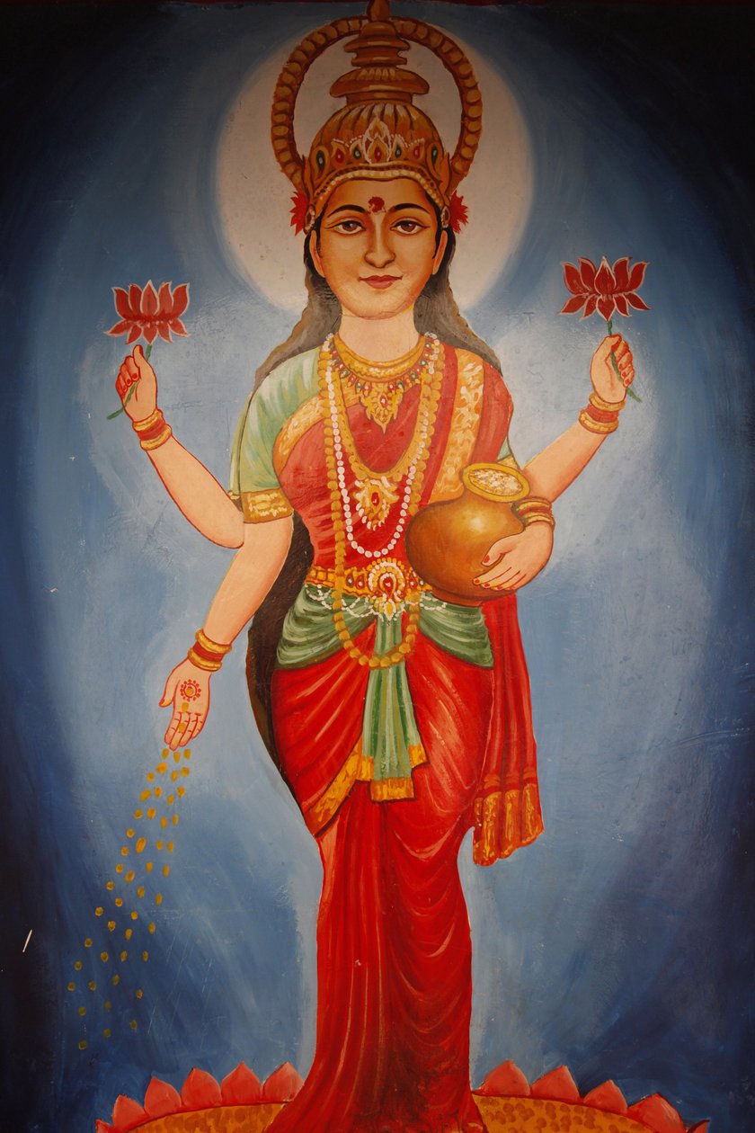 Målning föreställande gudinnan Lakshmi, Haridwar, Indien av Unbekannt