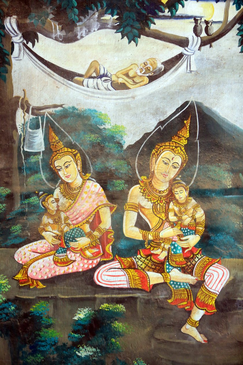 Målning som skildrar Shakyamuni Buddhas livshistoria. Wat Naxai. Vientiane. Laos, 20151106, Vientiane, Laos av Unbekannt