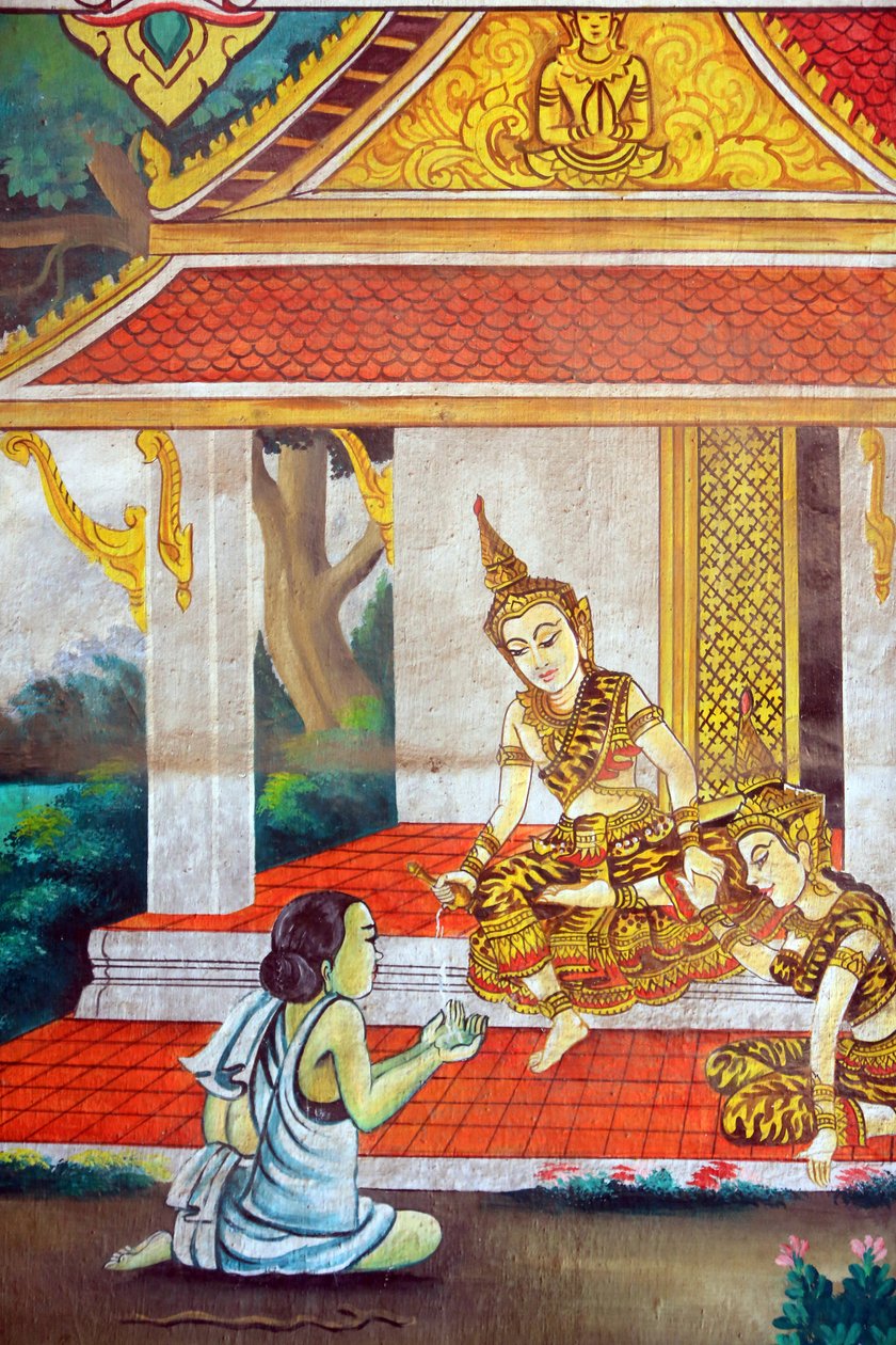 Målning som skildrar Shakyamuni Buddhas livshistoria. Wat Naxai. Vientiane. Laos, 20151106, Vientiane, Laos av Unbekannt