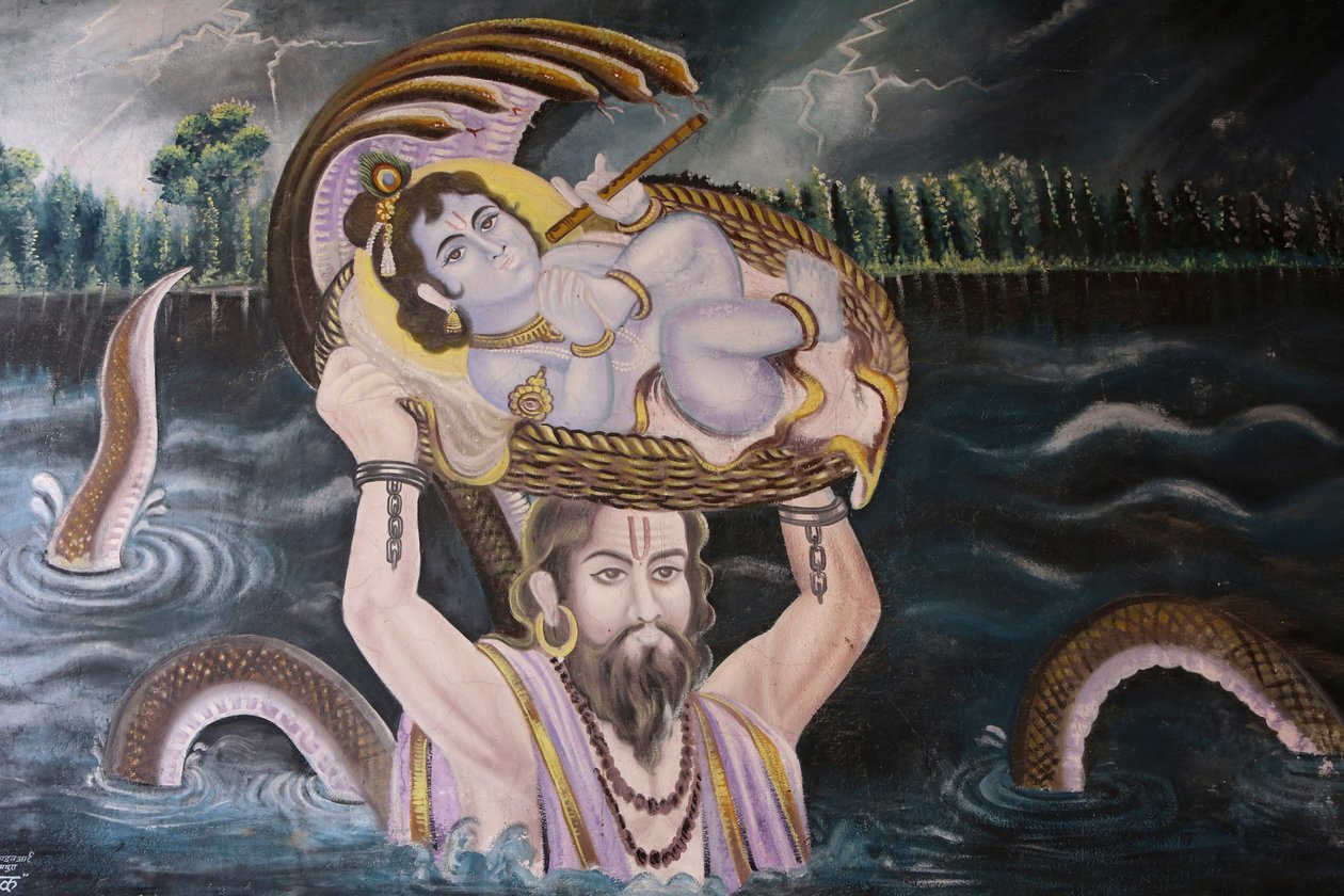 Målning i Gokul : Krishna som en baby buren över Yamunafloden av Vasudeva. Indien av Unbekannt