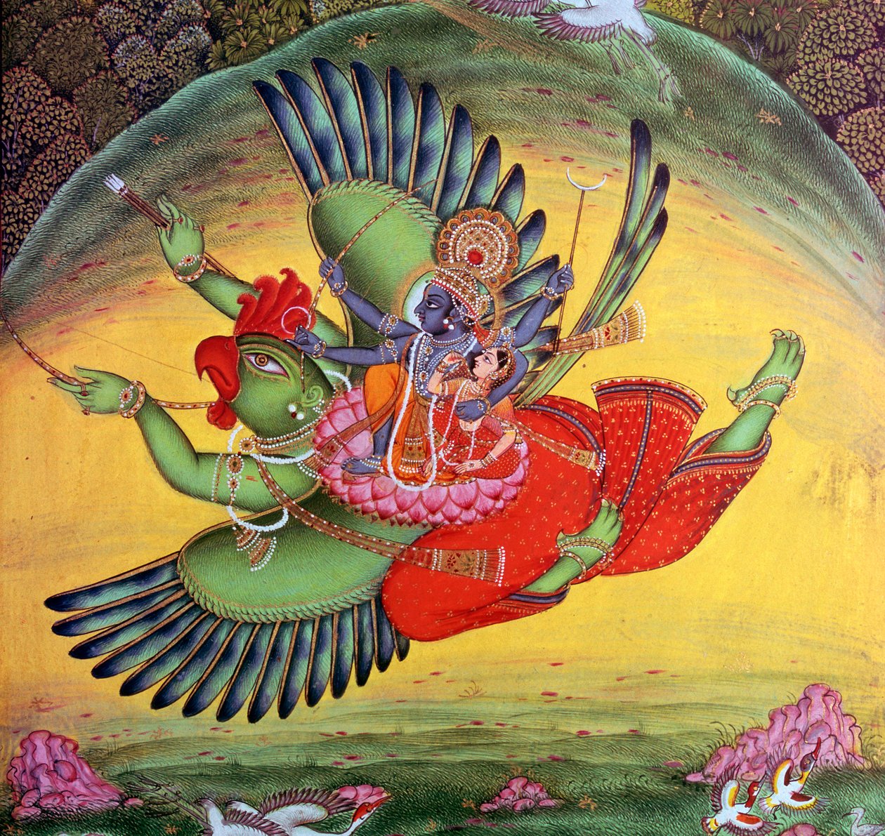 Målning av Vishnu och hans gemål Lakshmi som rider på fågelguden Garuda av Unbekannt